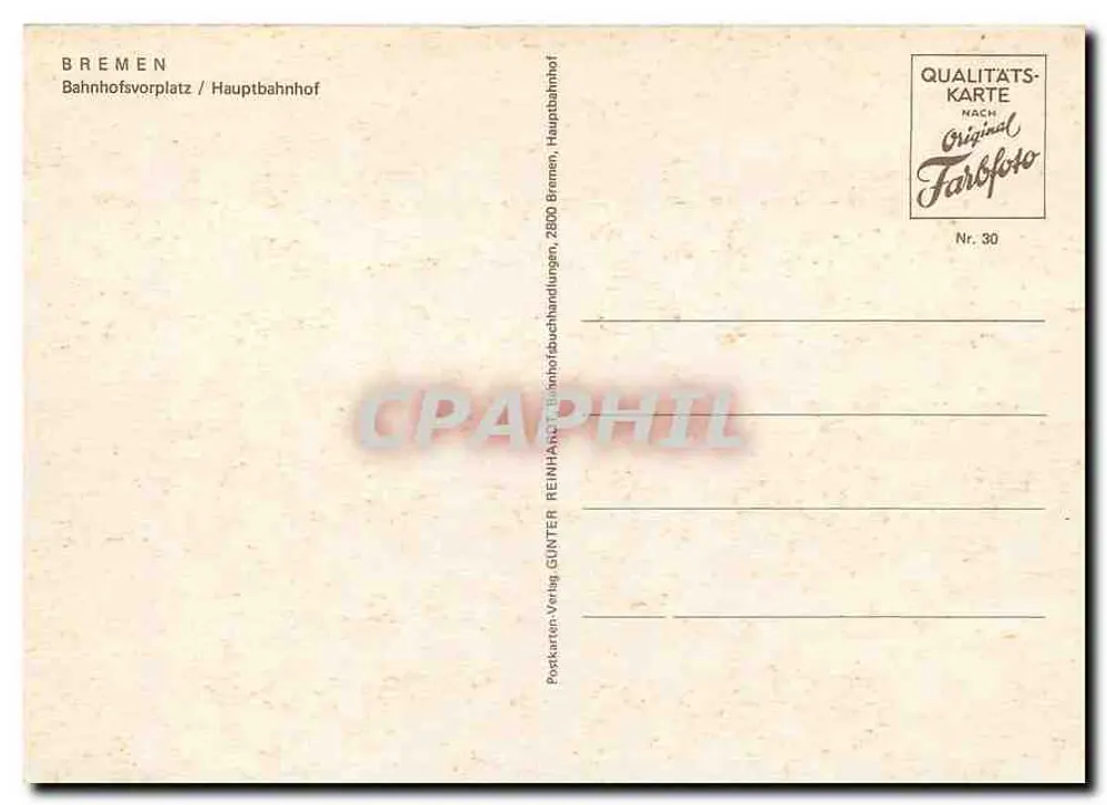 Bremen - Bahnhofsvorplatz / Hauptbahnhof — wydawca Ginter-Verlag, nr 30 - Rewers