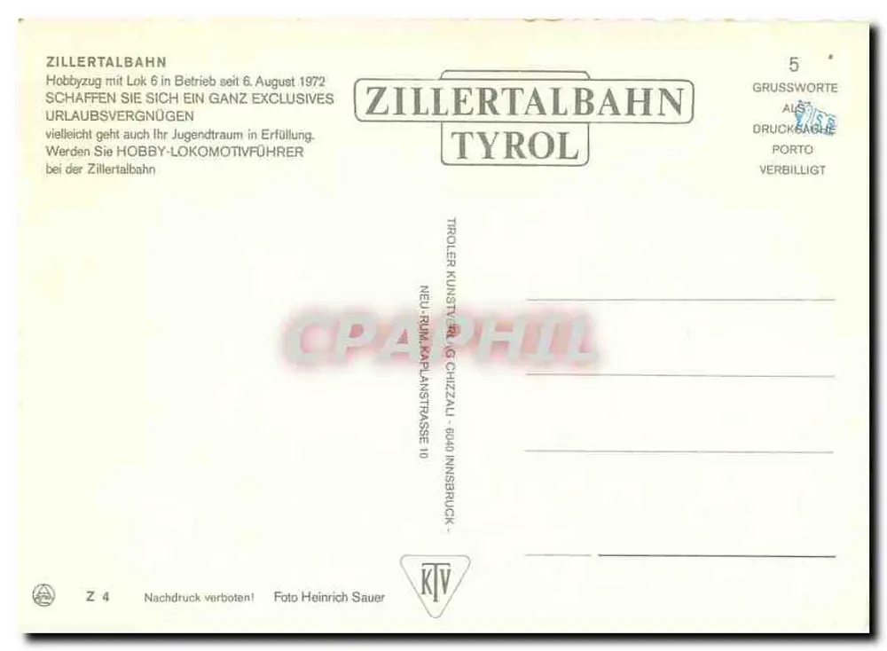 Zillertalbahn Tyrol — Hobbyzug — Verlag: Trolle Kunstverlag, Innsbruck - Rückseite