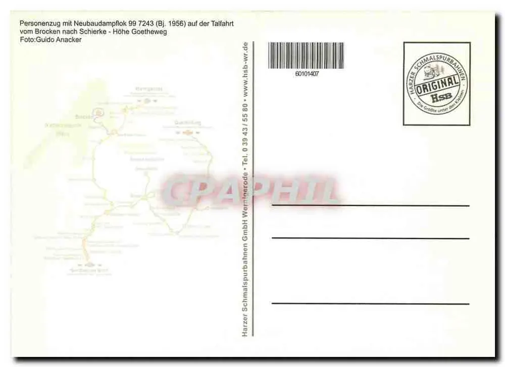 Steam Train 99 7243-1 — Harzer Schmalspurbahnen — publisher HSB - Back