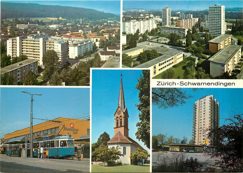 Zurych-Schwamendingen — rekreacyjny dzielnica z kościołem i tramwajem — wydawnictwo Photoglob AG, nr 6561 - Awers
