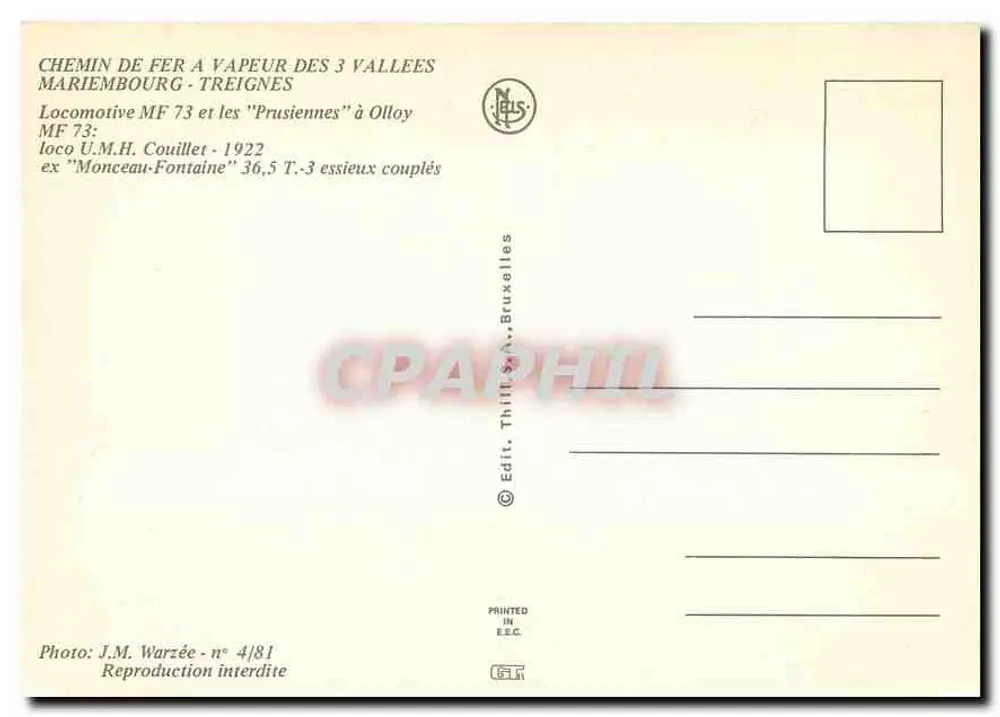 Olloy-sur-Viroin — Gare et locomotive MF 73 — Éditeur Thill, Bruxelles, n° 4/81 - Verso