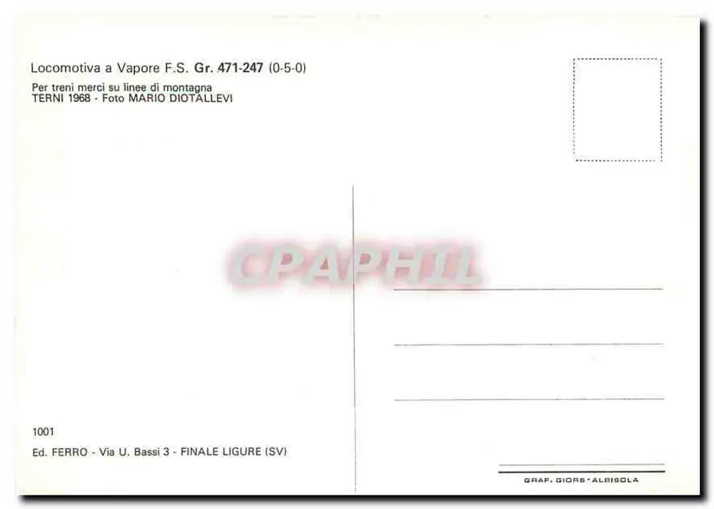 Locomotive à vapeur F.S. Gr. 471-247 (0-5-0) — Pour trains marchandises sur lignes de montagne — Éd. Ferro, Finale Ligure (SV) - Verso