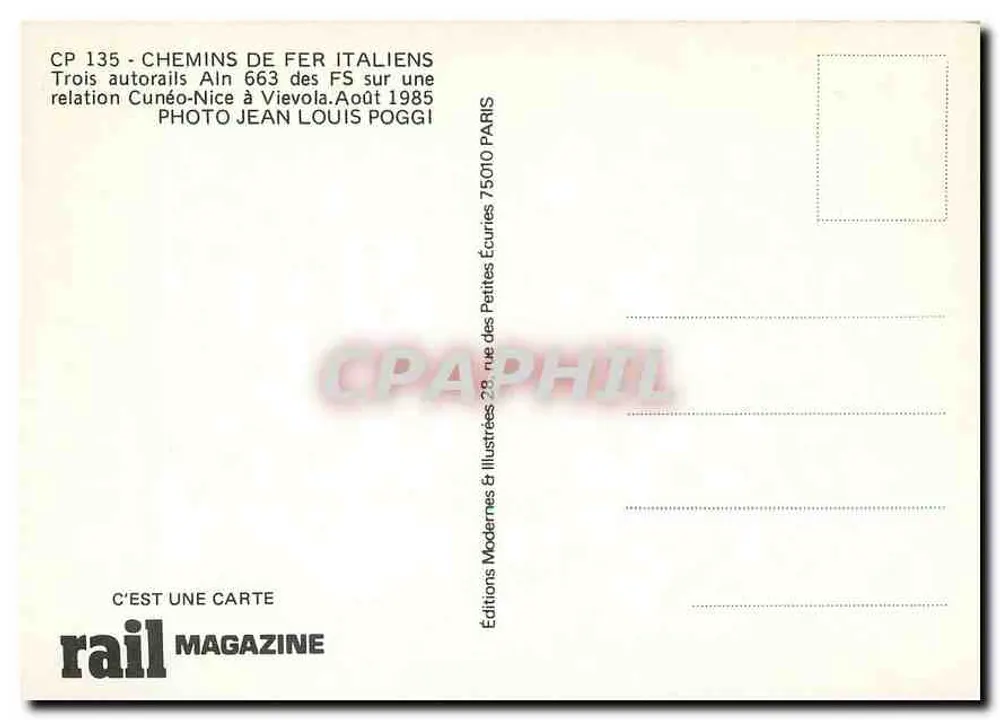Três autorail Aln 663 das FS em uma linha Cunéo-Nice — Edições Rail Magazine, CP 135 - Verso