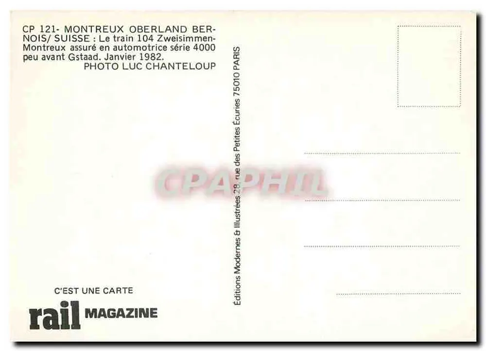 Montreux Oberland Bernois — Le train 104 Zweisimmen peu avant Gstaad — Éditions Rail Magazine - Verso