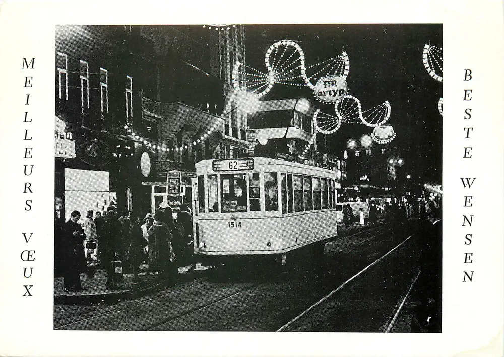 Tram n°62 in Brussel — kerstdecoraties — uitgever AMUTRA - Voorkant