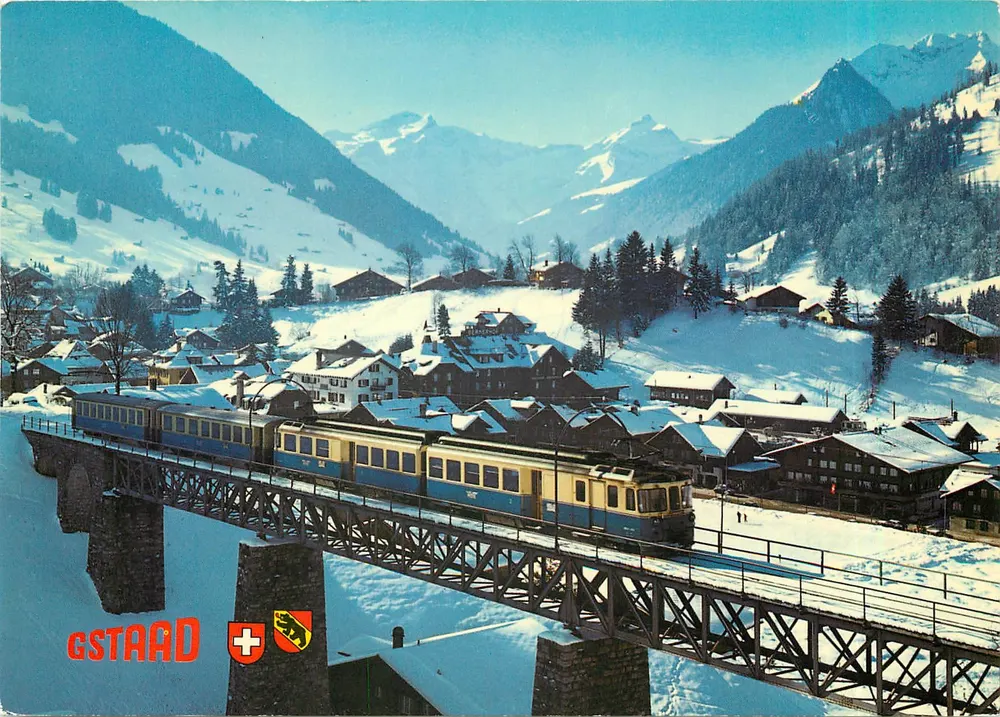 Gstaad — vista invernal com trem — Verlag Photoglob AG, Zürich - Frente