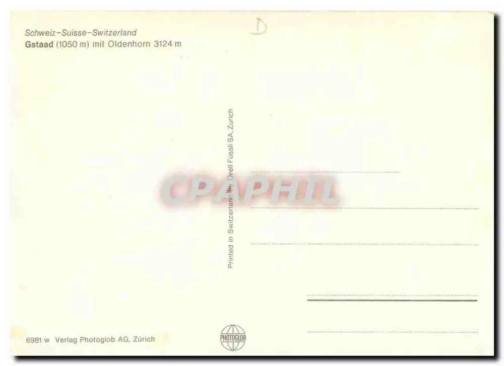 Gstaad — vista invernal com trem — Verlag Photoglob AG, Zürich - Verso