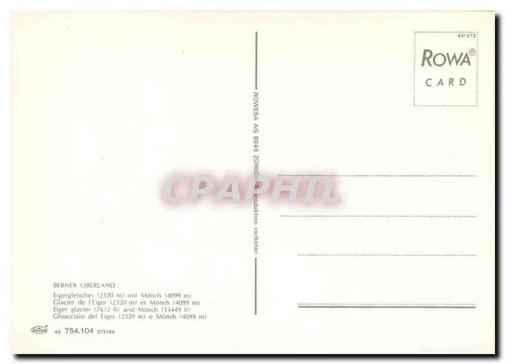 Glaciar do Eiger e Mönch — Berner Oberland — Rowa Card n° 754.104 - Verso