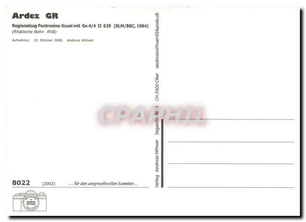 Ardez GR — Trem regional Pontresina com locomotiva Ge 4/4 II 629 — Andreas Wittwer - Verso