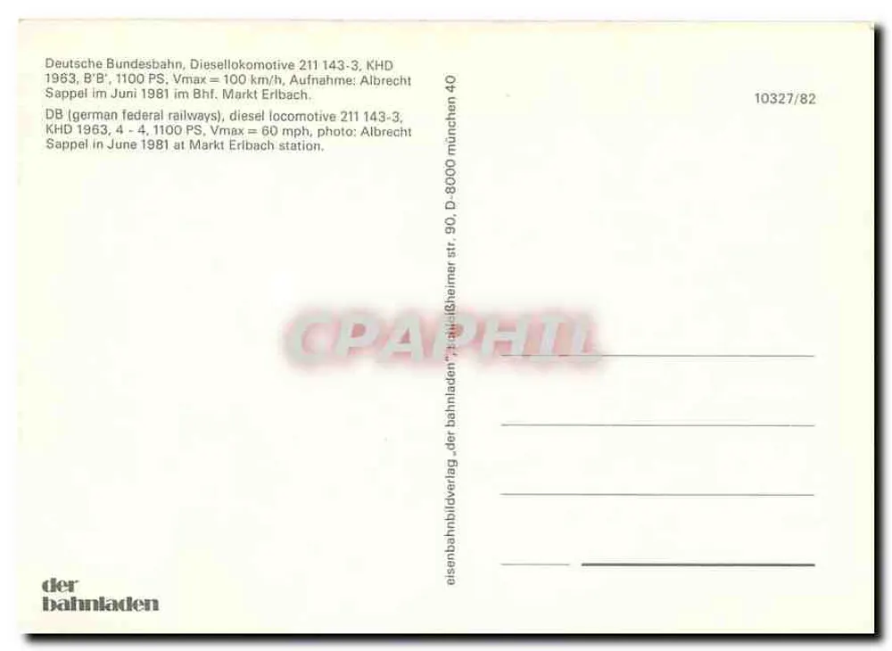 Dampflok 211 143-3 — DB, Markt Erlbach — Verlag der bahnladen, n° 10327/82 - Rückseite