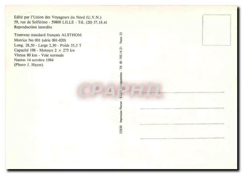 Standard-Französischer Straßenbahnwagen — Triebwagen Nr. 001 (Serie 001-020) — Verlag: Union des Voyageurs du Nord (U.V.N.) - Rückseite