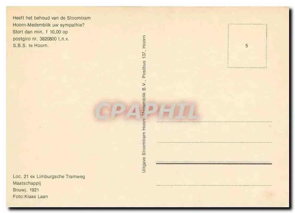 Loc. 21 ex Limburgsche Tramweg — lokomotywa parowa — Wydawnictwo Stoomtram Hoorn-Medemblik B.V. - Rewers