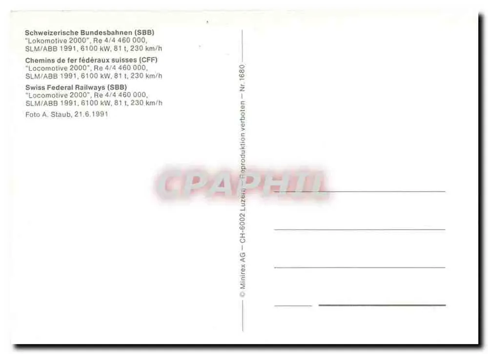 Locomotiva 2000 — SBB/CFF/GB — Minirex AG, n° 1680 - Verso