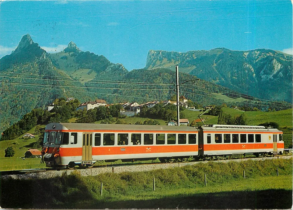 Trem de montanha — Gruyères, Dts de Broc, Chamois et Bourgoz — Photo Glasson, n°8607 - Frente