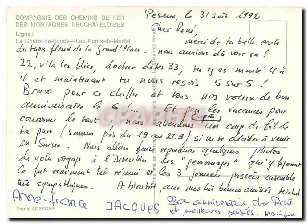 Train des Montagnes Neuchâteloises — Chaux-de-Fonds — Les Ponts-de-Martel — Compagnie des Chemins de Fer des Montagnes Neuchâteloises - Verso
