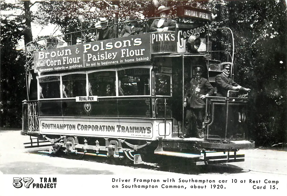Tramway in Southampton — Wagen 10 am Ruhecamp — Verleger 57 TRAM PROJECT, Nr. 15 - Vorderseite