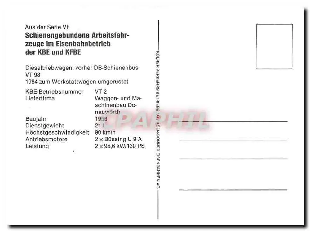 Tramway KBE — Diesel-train VT 98 — Kölner Verkehrs-Betriebe AG - Verso