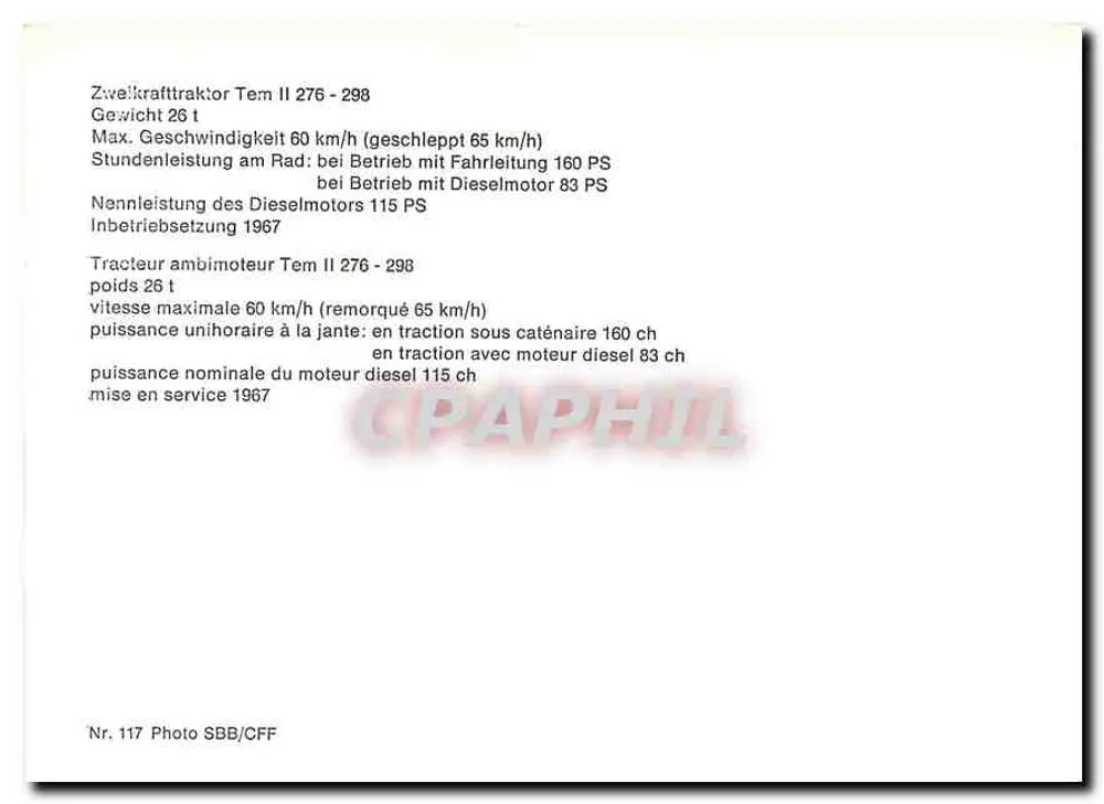 Trator elétrico Tem II 276 — SBB/CFF — n° 117 - Verso