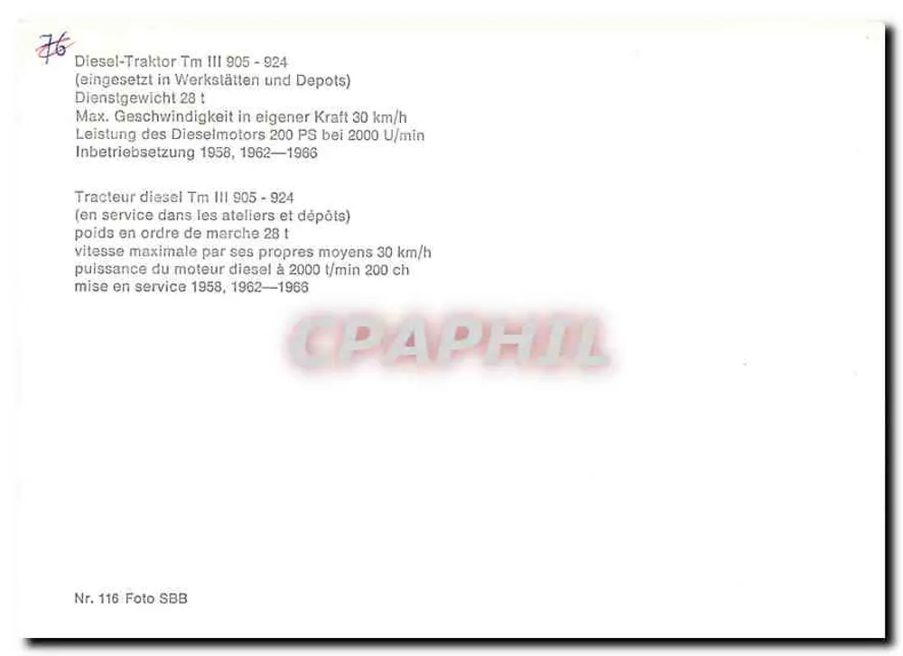 Trattore diesel Tm III 905 — SBB — N. 116 - Verso