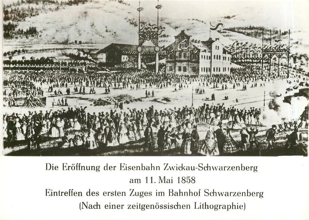 지크바우-슈바르цен베르크 철도 개통 — 1858년 5월 11일 — (동시대의 석판화에 따름) - 앞면