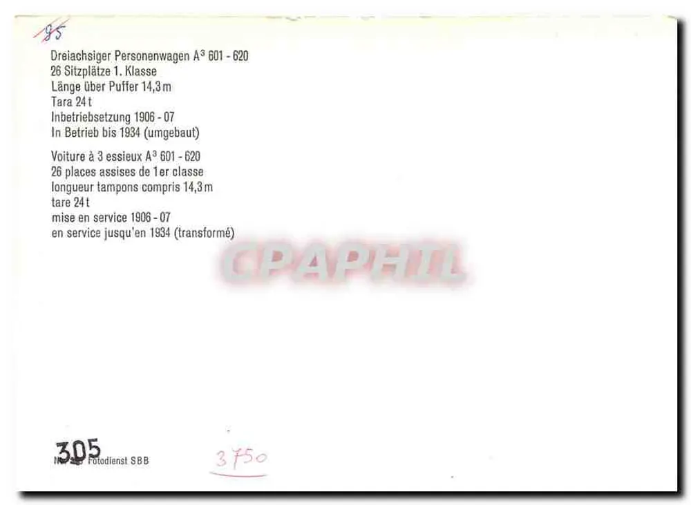 Carro a tre assi A³ 601-620 — SBB — N. 305 - Verso