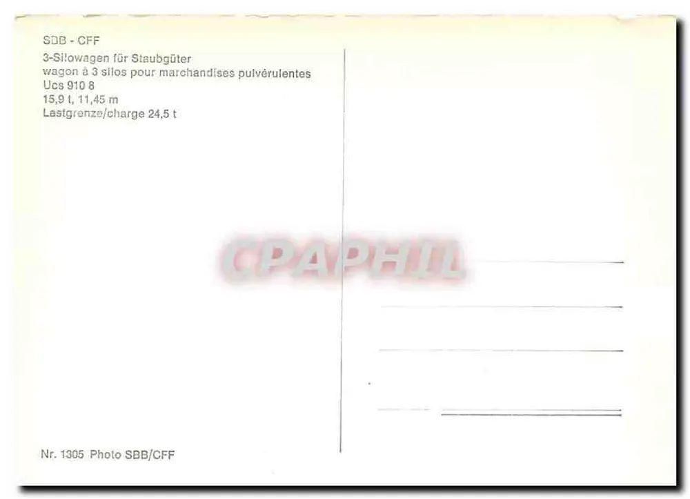 Wagon com 3 silos para transporte de mercadorias pulverulentas — SBB/CFF — N° 1305 - Verso