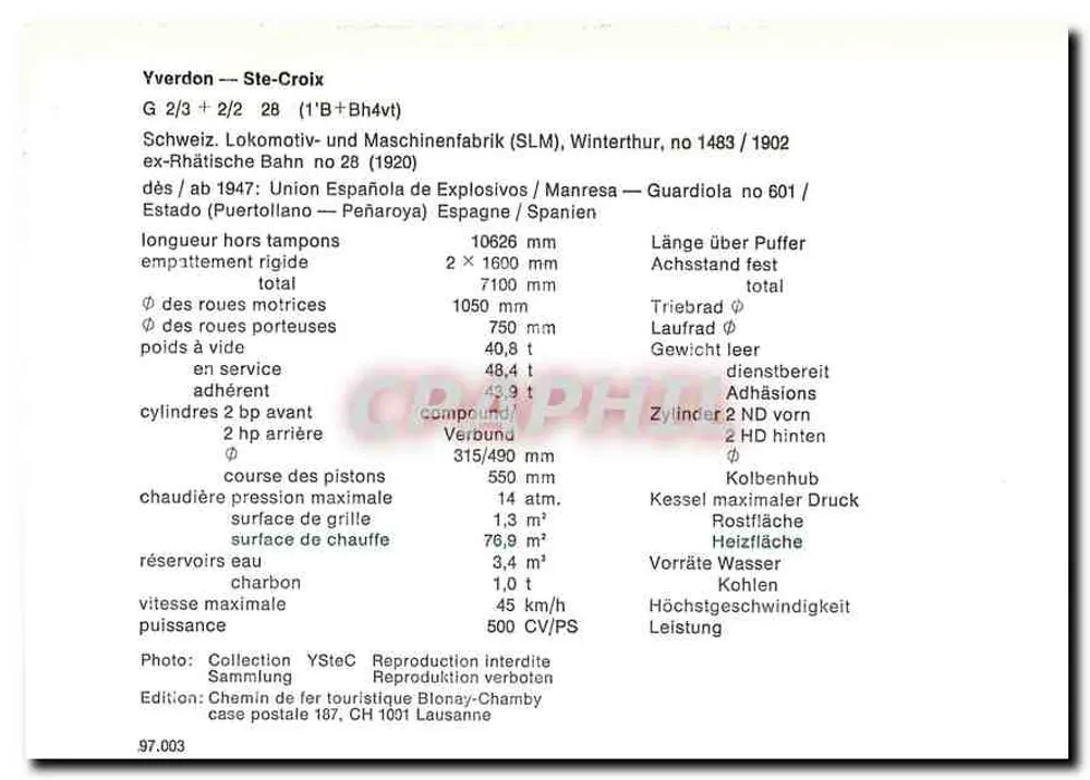 Yverdon — Ste-Croix — G 2/3 + 2/2 (1'B+Bh4vt) — Edição Chemin de fer touristique Blonay-Chamby, CH 1001 Lausanne - Verso