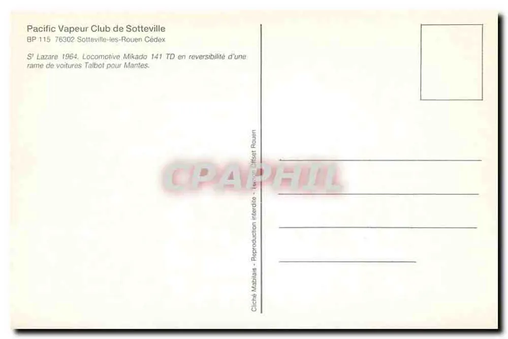 Saint-Lazare — Locomotive Mikado 141 TD en reversibilité d'une rame de voitures Talbot pour Mantes — Pacific Vapeur Club de Sotteville - Verso