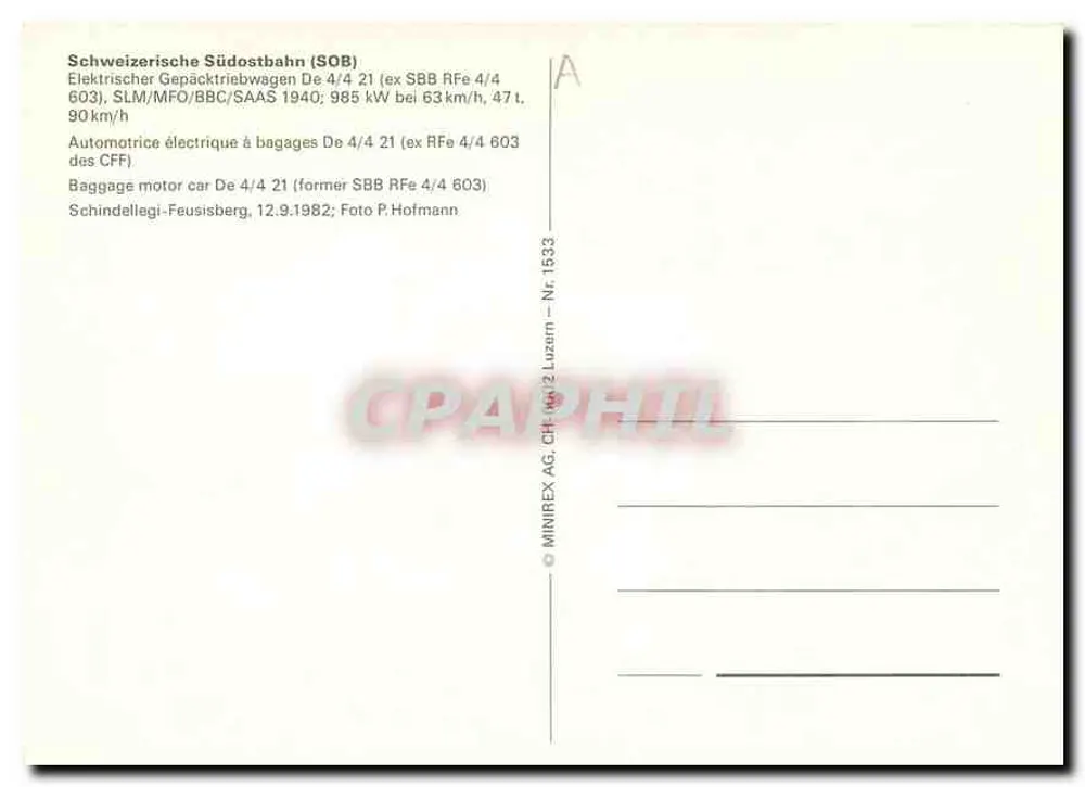 Schindellegi — Automotriz elétrica com bagagem De 4/4 21 (ex RFe 4/4 603) — MINIREX AG, CH, no 2 Luzern — Nr. 1533 - Verso