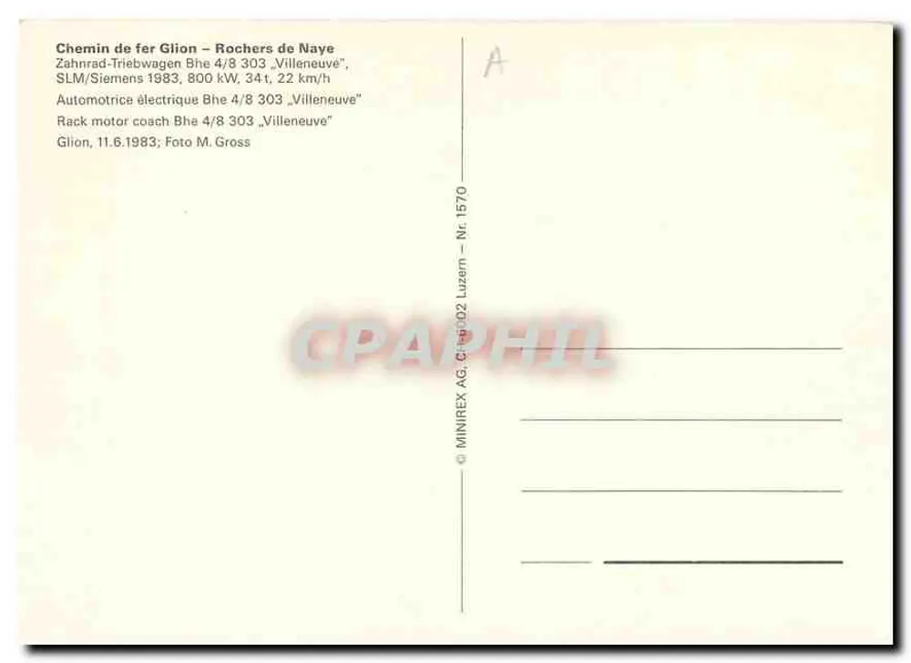 Glion - Caux — Rochers de Naye — MINIREX AG, n° 1570 - Verso