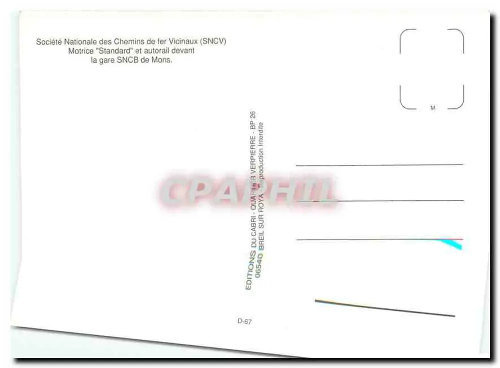 Gare SNCB de Mons — Motrice 'Standard' et autorail devant — Éditions du Cabri, Brel-sur-Roya - Verso