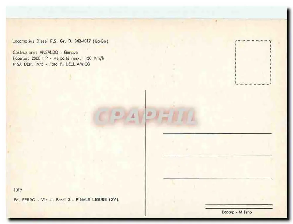 Locomotiva diesel F.S. Gr. D. 342-4017 (Bo-Bo) — ANSALDO — edizione Ferro, Finale Ligure (SV) - Verso