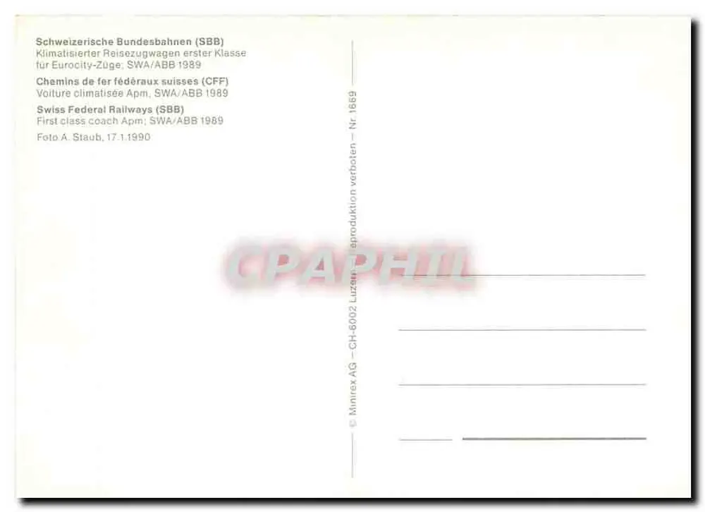 Zug SBB CFF FFS — Erste Klasse — Minitex AG, CH-6002 Luzern - Rückseite