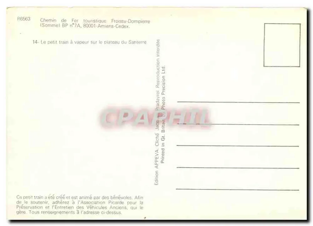 Petit train à vapeur sur le plateau du Santerre — Chemin de Fer touristique Froissy-Dompierre — Édition APPEVA - Verso