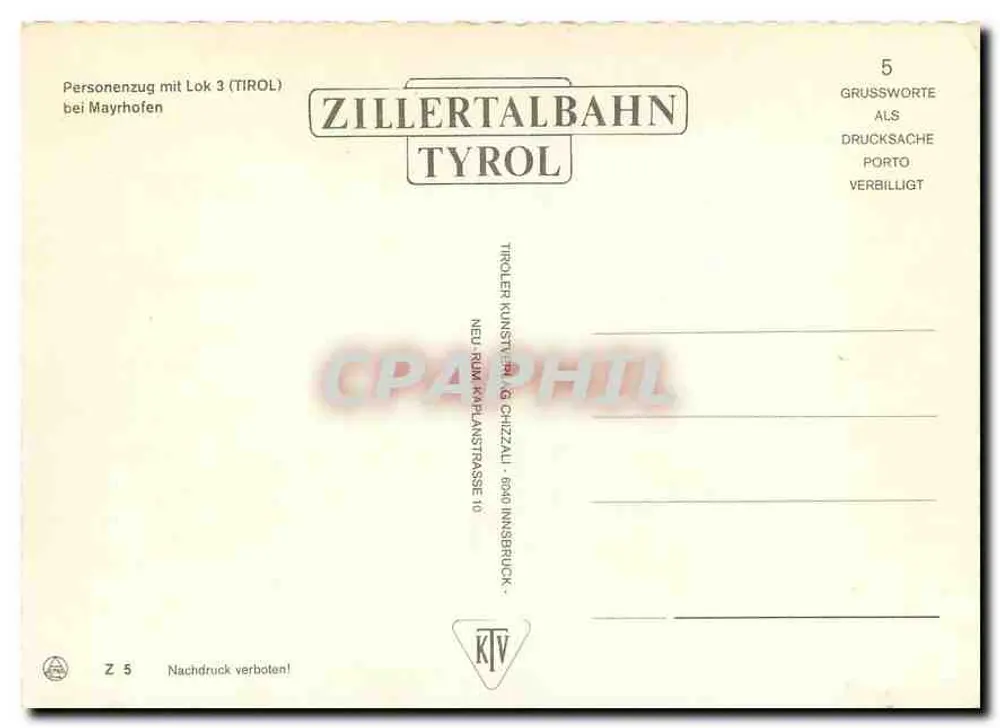 Train à vapeur à Mayrhofen — Zillertalbahn, Tyrol — éditeur KTV - Verso