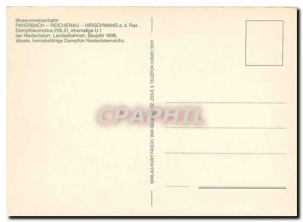 Payerbach – Reichenau – Hirschwang a.d. Rax — Museo ferroviario, locomotora a vapor 298.51 - Reverso