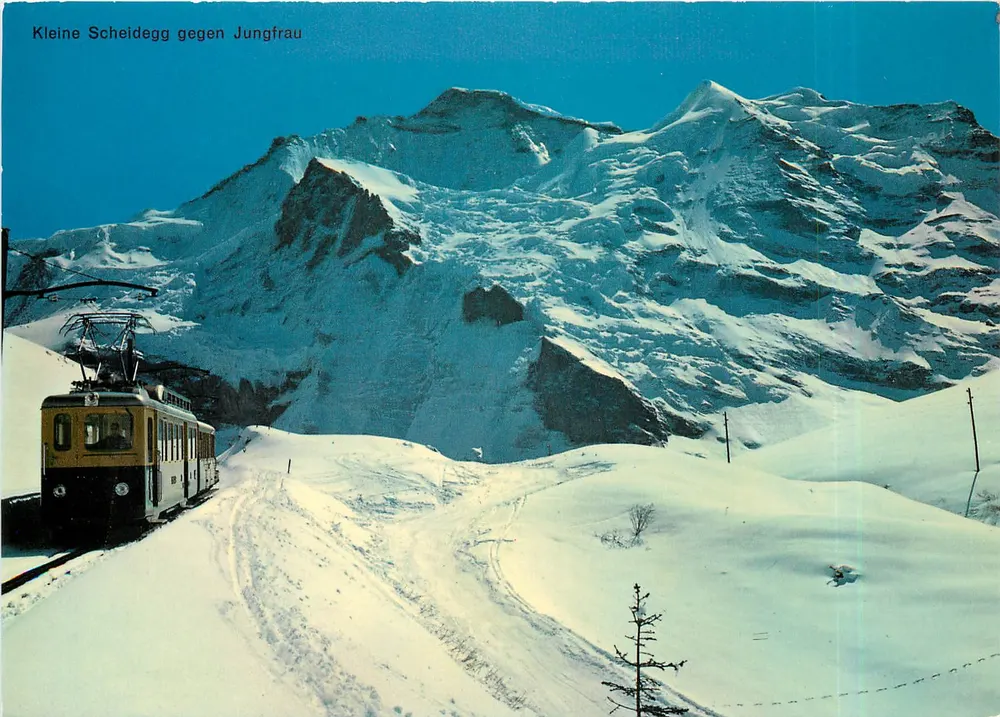 Kleine Scheidegg contra Jungfrau — vista nevada com teleférico — Verlag A. Kleider, Schwanden GL, n° 1082 - Frente