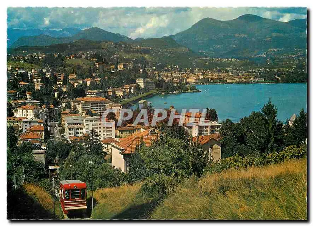 Lugano-Paradiseo — panoramische uitzicht op het meer met een gondel — Verlag A. Kienz, Schwanden/GL - Voorkant