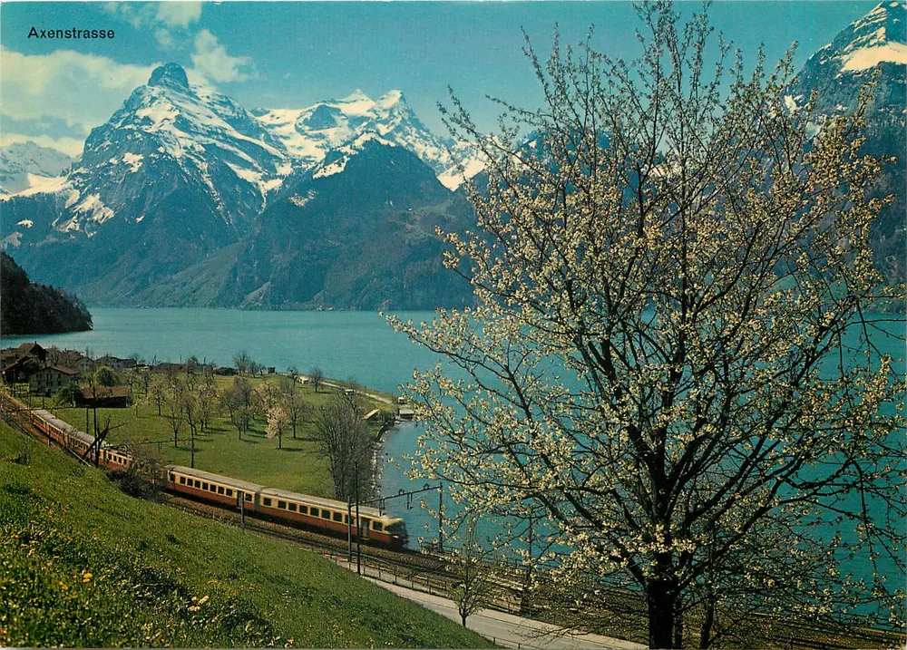 Axenstrasse — vue du lac Vierwaldstättersee et du Urirotstock — éditeur A. K. Schwanden GL, n° 2317 - Recto