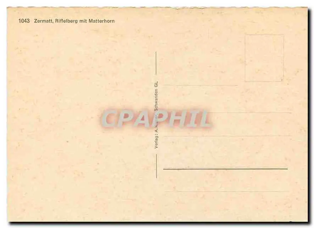 Zermatt, Riffelberg com Matterhorn — editor A. Nutter, Schwandarden GL, n° de série 1043 - Verso