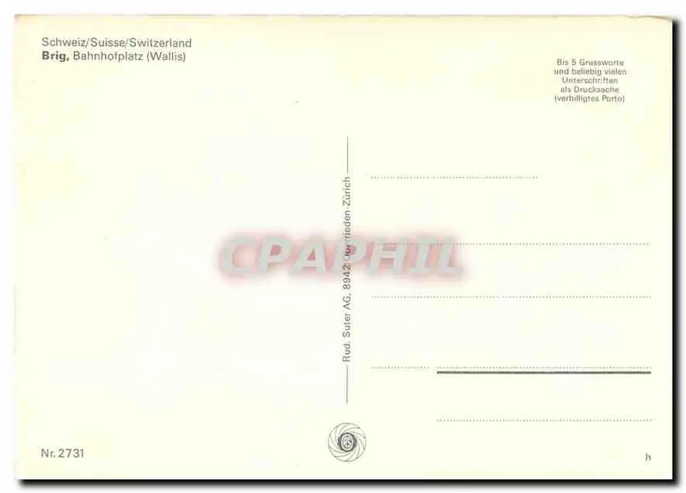 Brig — Estação rodoviária e montanhas — Rudolf Suter AG, Zurique, n°2731 - Verso