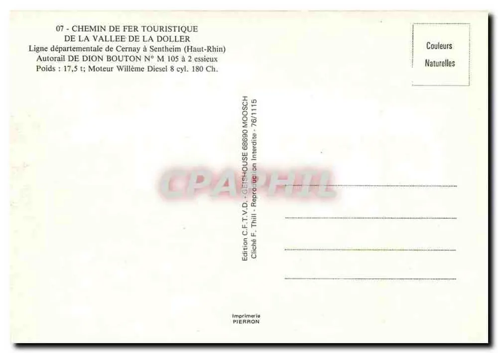 Train touristique de la Vallée de la Doller — Cernay à Sentheim — Édition C.F.T.V.D. Thill - Verso