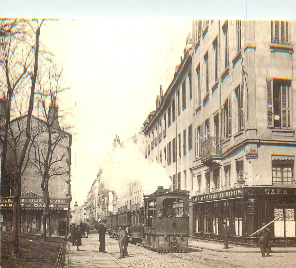 Locomotive Winterthur type 020 und Anhänger Typen A und B — rue Gambetta, um 1900 — Musée des Transports Urbains de Saint-Étienne - Vorderseite