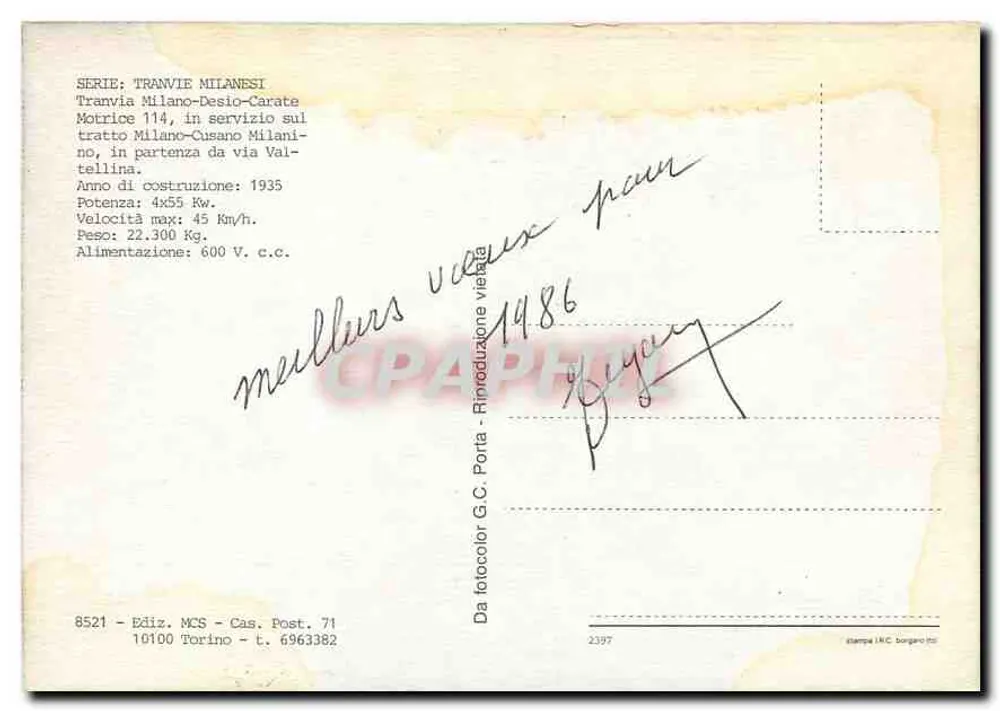 Tramway Milanési n°114 — Milan-Desio-Carate — éditeur MCS, série 8521 - Verso