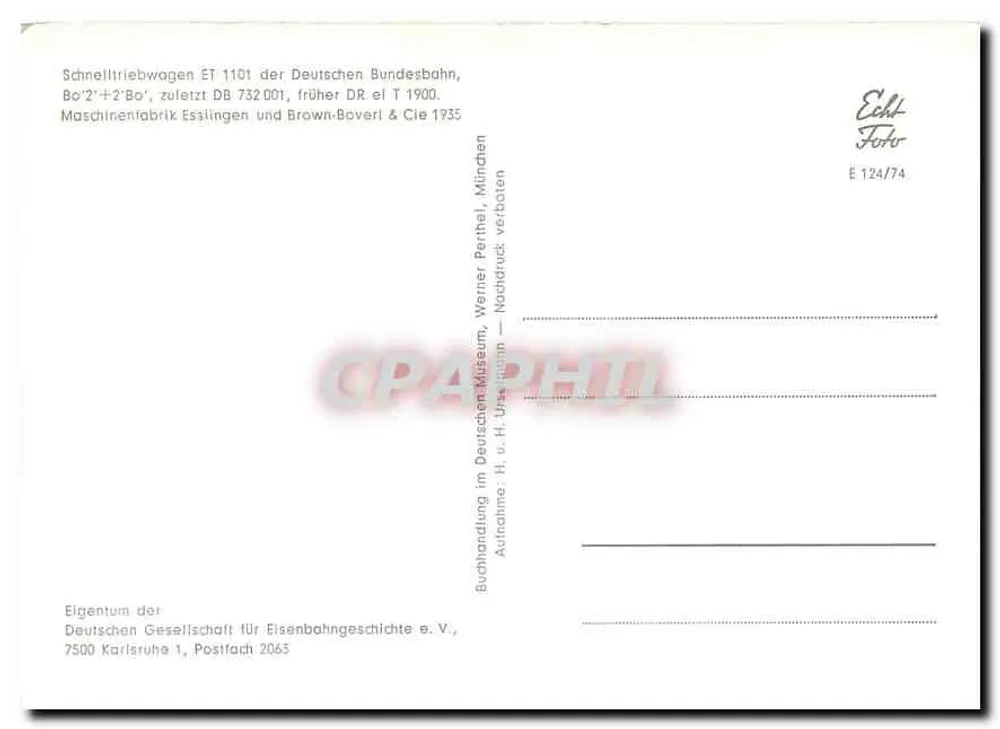 स्पेल-ट्राइबवागन EF 1101 — Bo'2'+2'Bo' — जर्मन रेलवे इतिहास संग्रहालय — प्रकाशक H. v. H. उम्स्चलग - पीछे