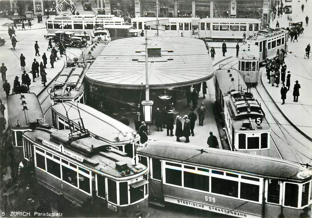 Zurich. Paradeplatz — Stoppverkehr, 1930 — découpé par Decomat - Recto