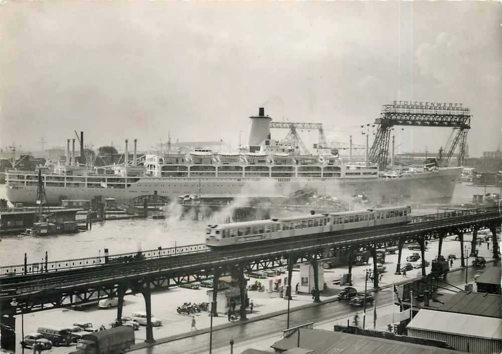 Hamburz — Widok mostów Vorsetzen und Oberseebrücke z placem budowy Stolckenwerft — G. A. Braun, nr 1175 - Awers