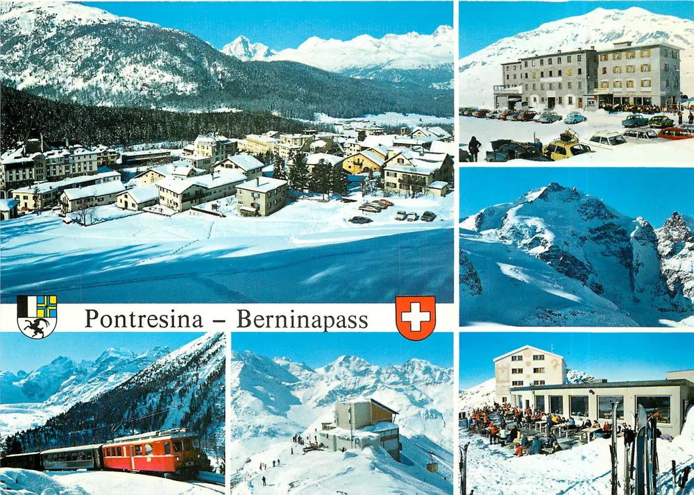 Pontresina – Berninapass — vista panorâmica invernal com trem, hotel e montanhas - Frente