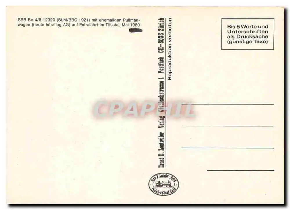 SBB Be 4/6 12320 (SLM/BBC 1921) — locomotiva em Extrafahrt no Tösstal — Ernst B. Lentwiler Verlag - Verso