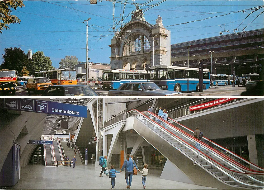 Luzern, Bahnhofportal und Bahnhof 1991 — Globetrotter GmbH, König und Düss, 6000 Luzern - Recto